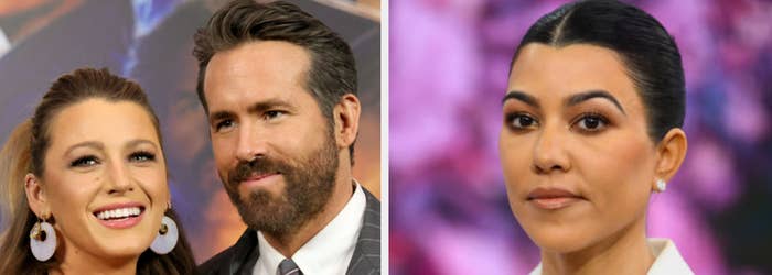 Two side-by-side photos: Left shows Blake Lively and Ryan Reynolds close together; right is Kourtney Kardashian