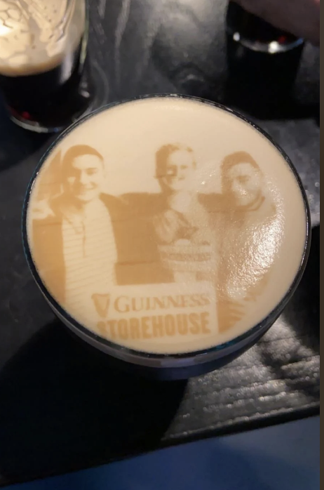 Photo printed on top of a stout&#x27;s foam at the Guinness Storehouse
