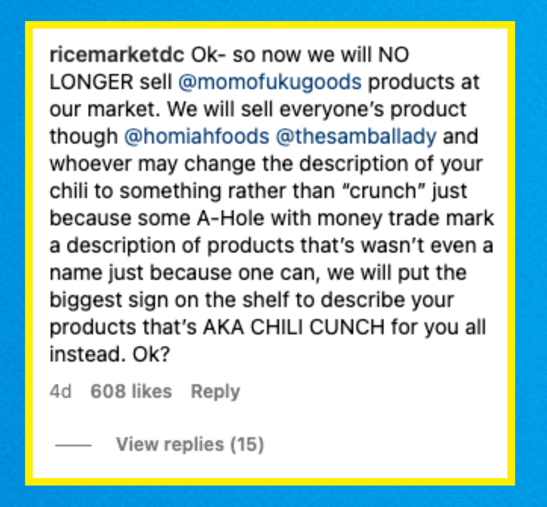 Summarized text from an Instagram comment about an Asian grocer no longer carrying Momofuku products
