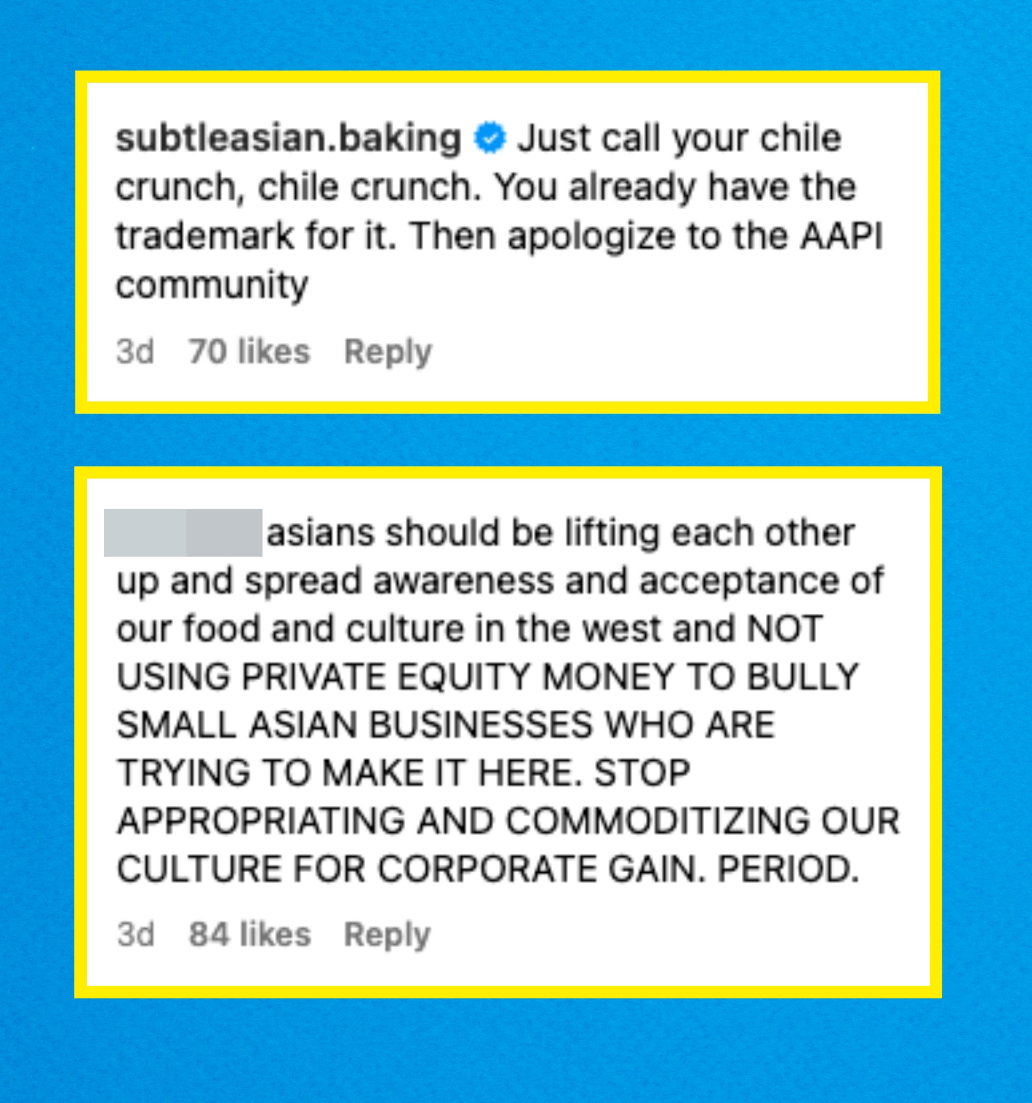 Instagram comments depicting users asking David Chang to apologize to the AAPI community and for businesses to lift each other up.