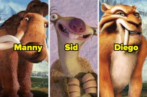 Personajes de "La Era de Hielo": Manny el mamut, Sid el perezoso y Diego el tigre dientes de sable, posando