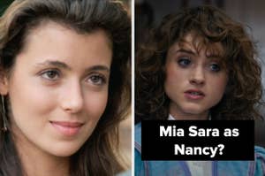 Split image: Left shows a smiling young woman, right has text "Mia Sara as Nancy?" with a concerned young woman