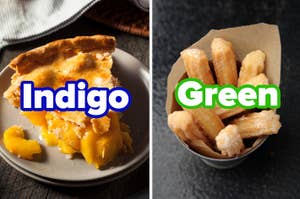 Left: Pie with a scoop served, "Indigo" text overlay. Right: Fries in paper cone, "Green" text overlay
