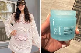 Person posing in a white mesh dress next to a photo of an e.l.f. cleansing balm