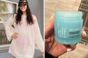 Person posing in a white mesh dress next to a photo of an e.l.f. cleansing balm