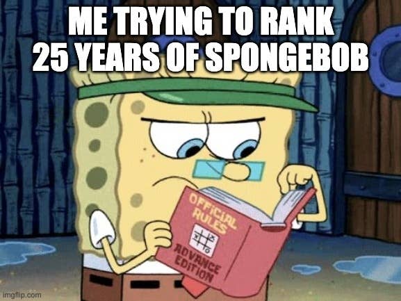 SpongeBob looks perplexed reading booklet
