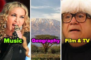 Three panels labeled "Music," "Geography," and "Film & TV" with respective images of a singing performer, a scenic view with mountain and tree, and a person with white hair and glasses