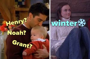 Split image; left shows man holding baby with name options, right shows woman sitting with "winter" text and snowflake