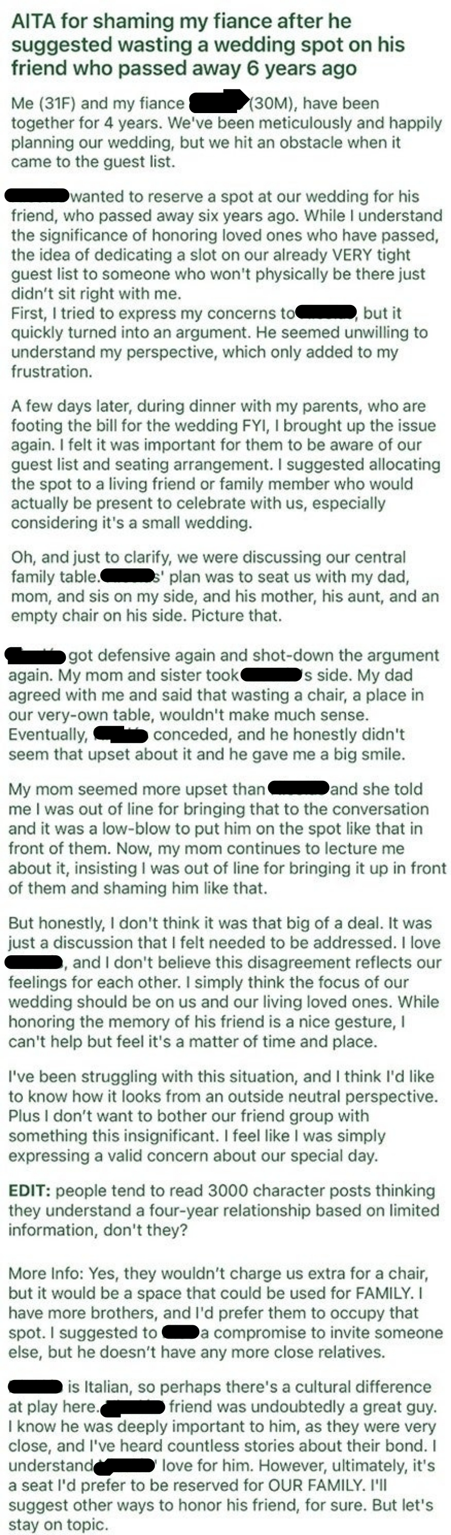 Text summary: A woman shares her frustration on Reddit about her sister-in-law, who shamed her fiancé after he arranged a memorial spot for his late friend at their wedding