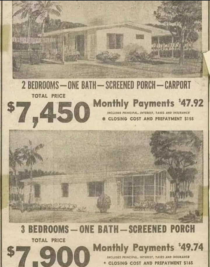 Vintage advertisement showing two homes for sale, one at $7,450 with $47.92 monthly payments, the other at $7,900 with $49.74 monthly