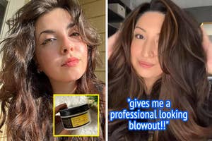 Two side-by-side photos of a woman with voluminous hair, and a hair product with positive review quote