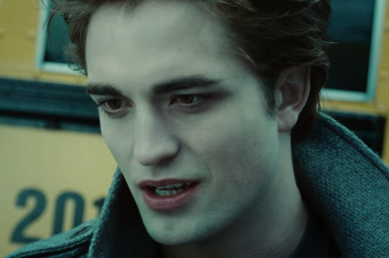Edward Cullen from Twilight, close up, looking concerned, with a school bus in the background