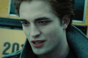 Edward Cullen from Twilight, close up, looking concerned, with a school bus in the background