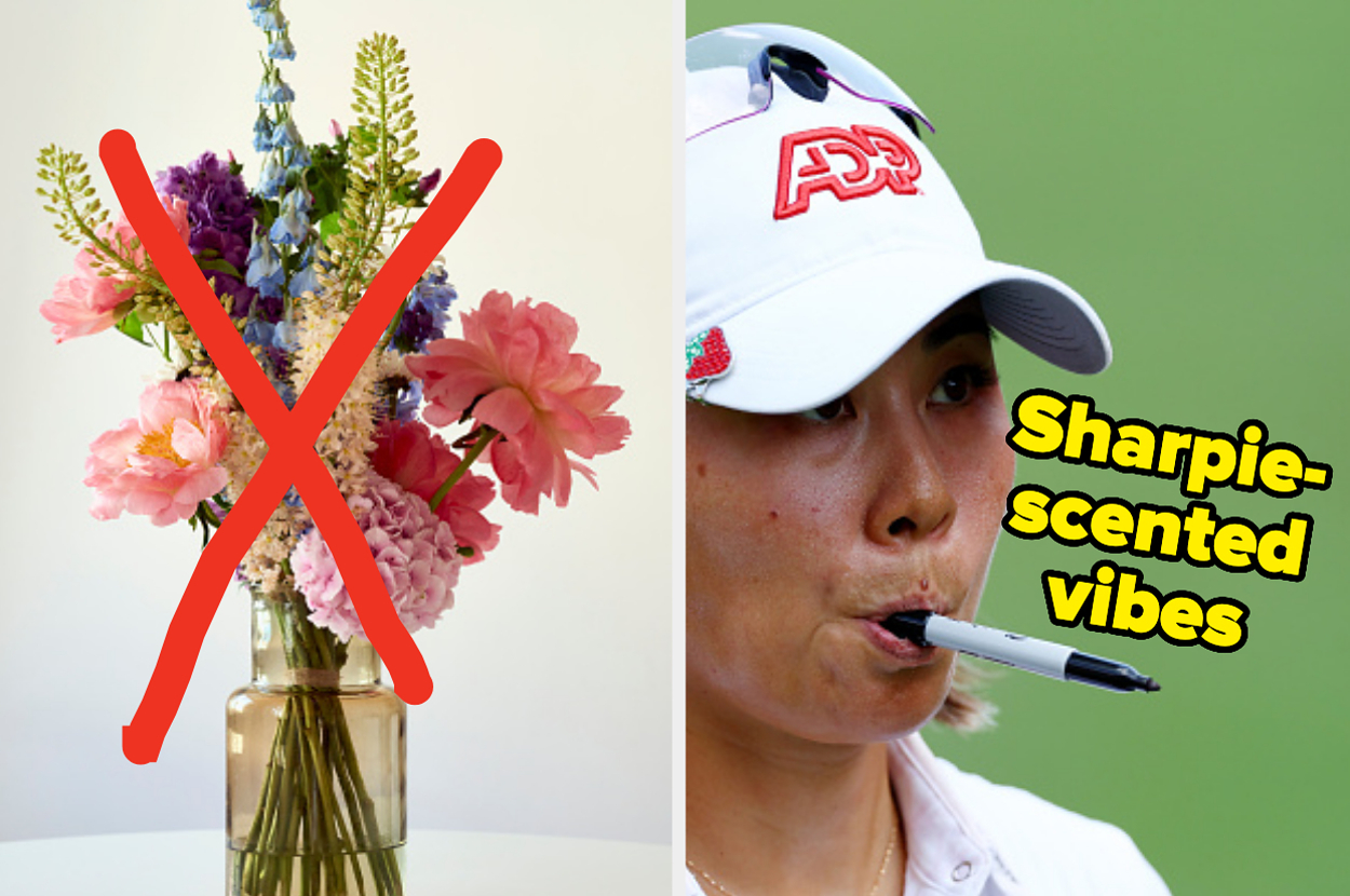 Split image: left side shows flowers crossed out, right side features a person with a cap and text "Sharpie-scented vibes"