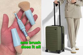 a reviewer holding a brush broken into three parts making four types of brushes / a model with a green carry on suitcase