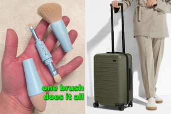 a reviewer holding a brush broken into three parts making four types of brushes / a model with a green carry on suitcase
