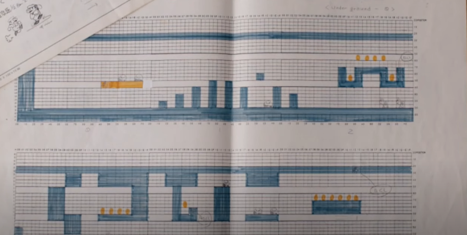 Graphical music score with unique notation, including blue horizontal bars and small yellow symbols, spread across an open book
