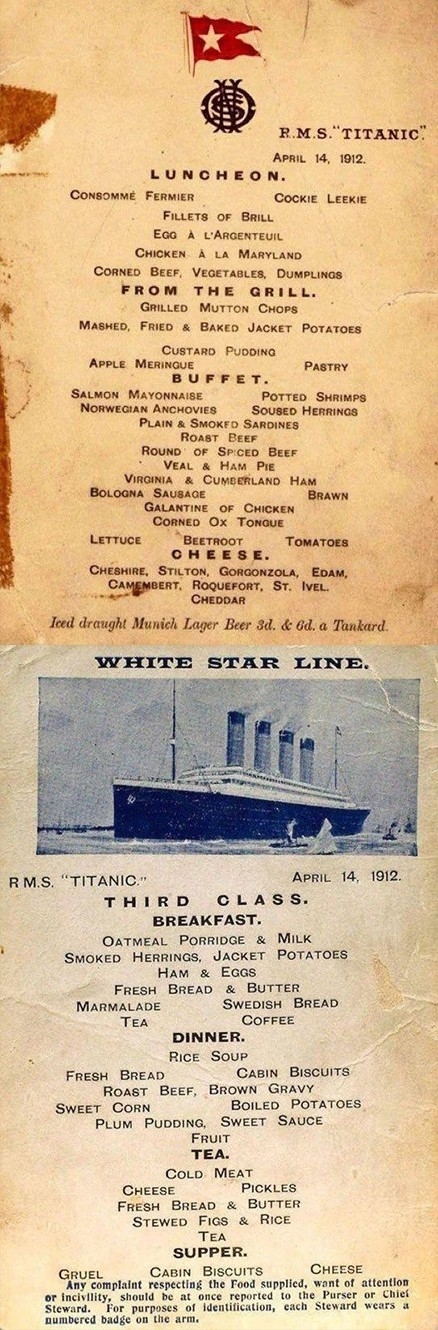 Menu from the RMS Titanic listing meal options with a photograph of the ship at the bottom