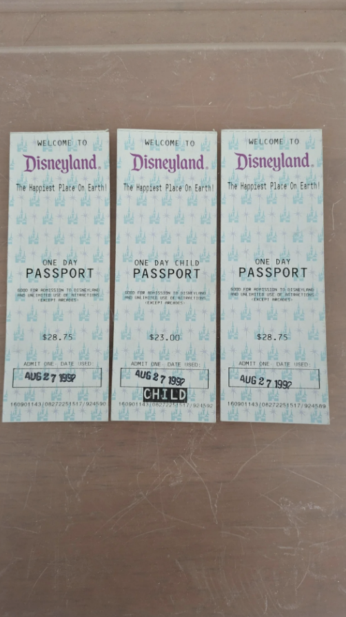 Three vintage Disneyland &quot;Magic Kingdom Club&quot; tickets, two adult, one child from 1989