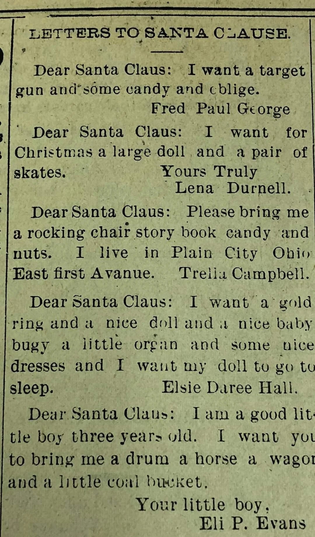 Summary of letters to Santa Claus from Fred, Paul, and Elsie, requesting gifts such as a drum, skates, dresses, and a horse