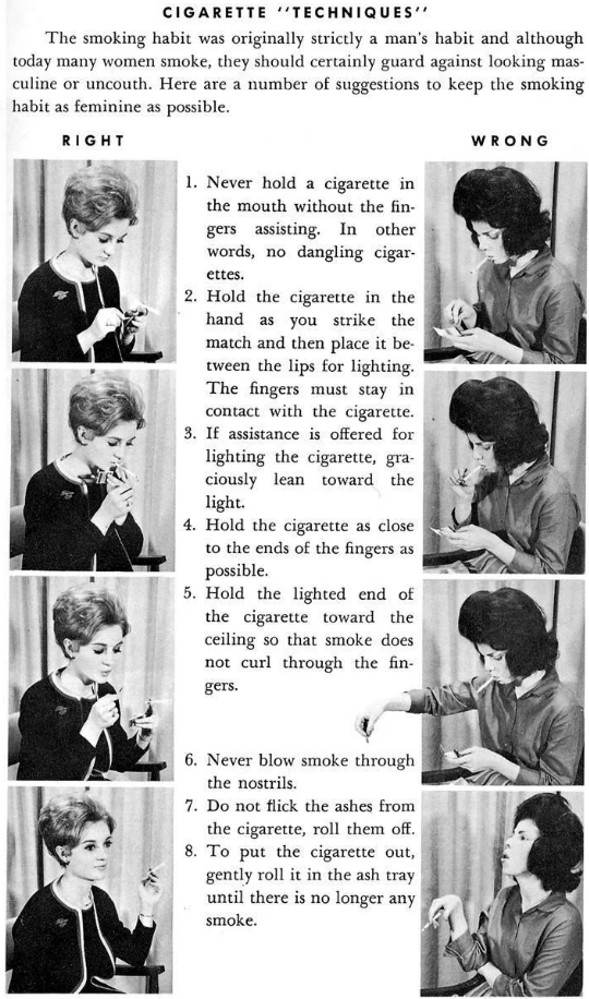 Vintage smoking etiquette guide illustrating correct and incorrect ways to hold and dispose of a cigarette