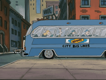 Animated characters from the classic cartoon "Hey Arnold!" are shown riding a city bus