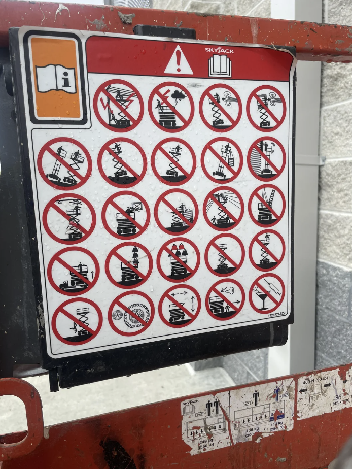 Safety instruction panel on equipment with multiple prohibited action symbols