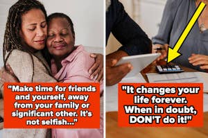 Two images side by side: Left shows a comforting hug between two people; right depicts someone pointing at a calculator, advising caution