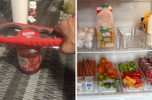 A refrigerator with a unique jar gripping tool and an organized interior, showcasing an easy-access food storage solution for shoppers
