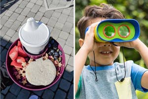 Left: Bowl with fruit and a protein shake. Right: Child looking through toy binoculars