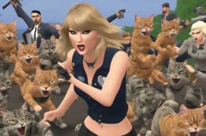 Taylor Swift in a music video surrounded by animated cats. She's dressed in a dark vest and has a surprised expression