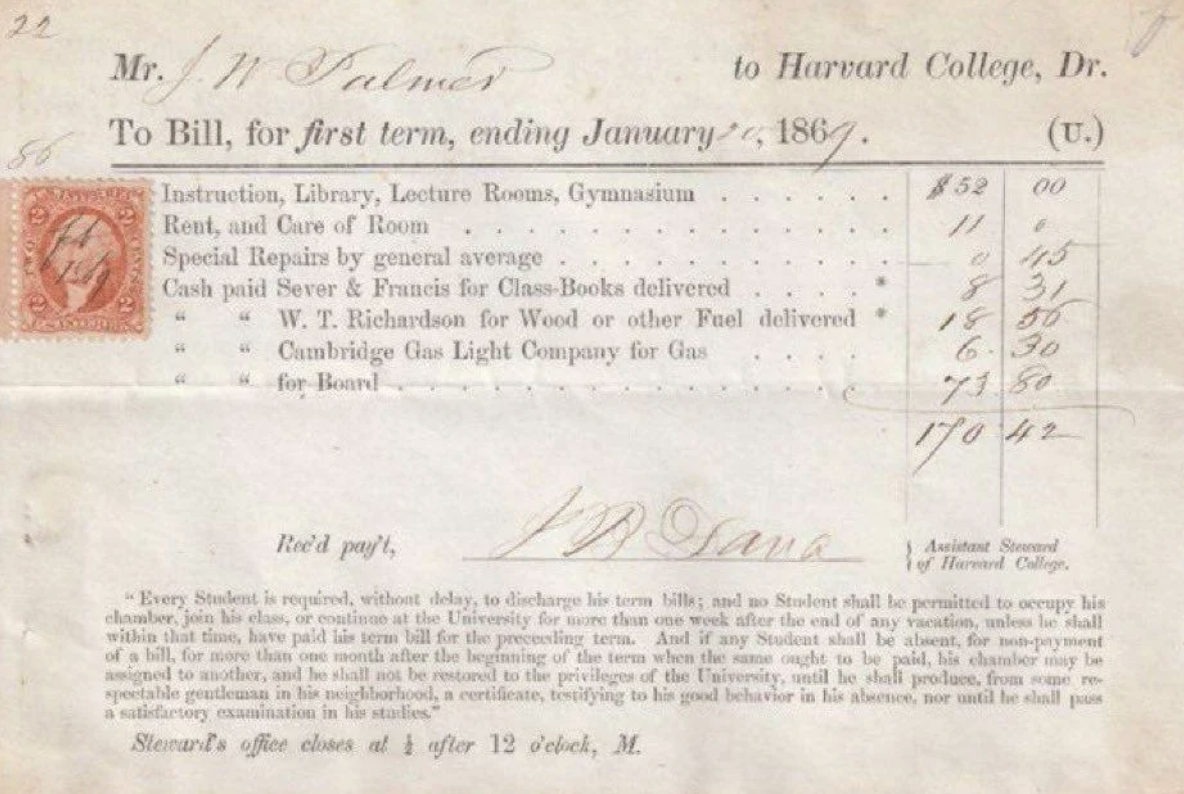 Summarized tuition bill for Harvard College dated January 18, 1866, listing instruction, room, and other fees