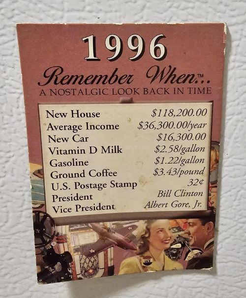 Commemorative &quot;Remember When&quot; card from 1992 with nostalgic images and lists of past prices for common items