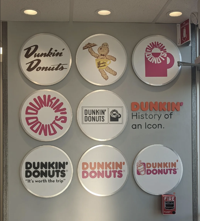 Nine Dunkin&#x27; Donuts logos displayed in a grid, showcasing the brand&#x27;s evolution over time