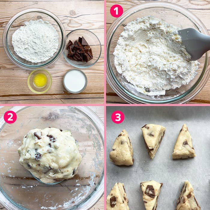 材料と手順を示す4枚の写真。生地の準備から成形までのクッキー作り。