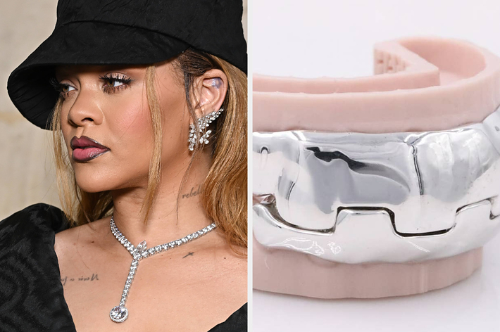 Rihanna wears a chic black bucket hat and sparkling necklace. Right image shows a close-up of a trendy silver and pink ring