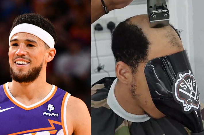 Person on left poses in basketball uniform; person on right gets a haircut, hair clippers visible