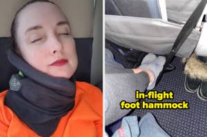 Person using travel neck pillow and foot hammock on airplane