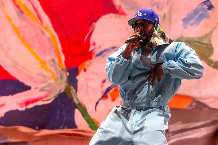 A performer in a blue outfit sings into a microphone with a vibrant floral backdrop on stage