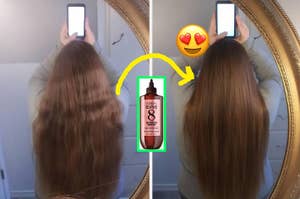 reviewer's wavy, frizzy hair before and after smooth and straight