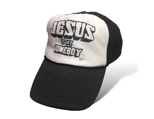 Black and white cap with text &quot;JESUS IS MY HOMIE.&quot;