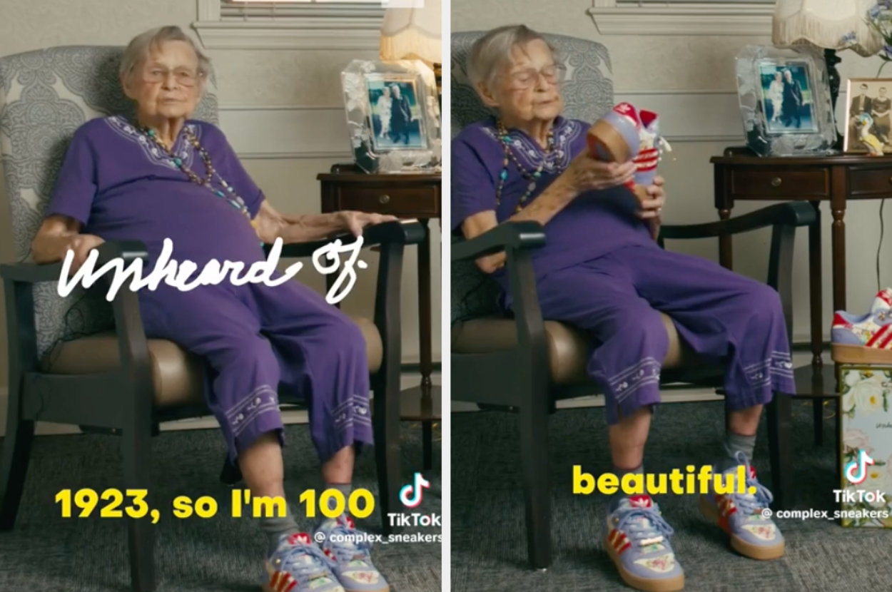 Elderly person sitting, holding a shoe with text overlay about being 100 years old and finding the shoe beautiful