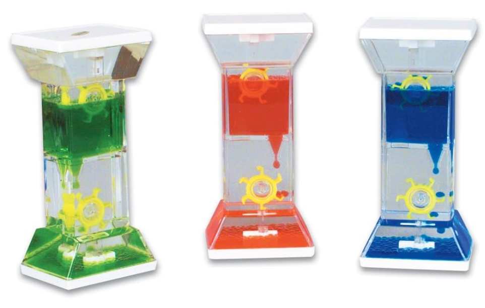 Three different hourglass sand timers with colored sand and wheel gears on the sides