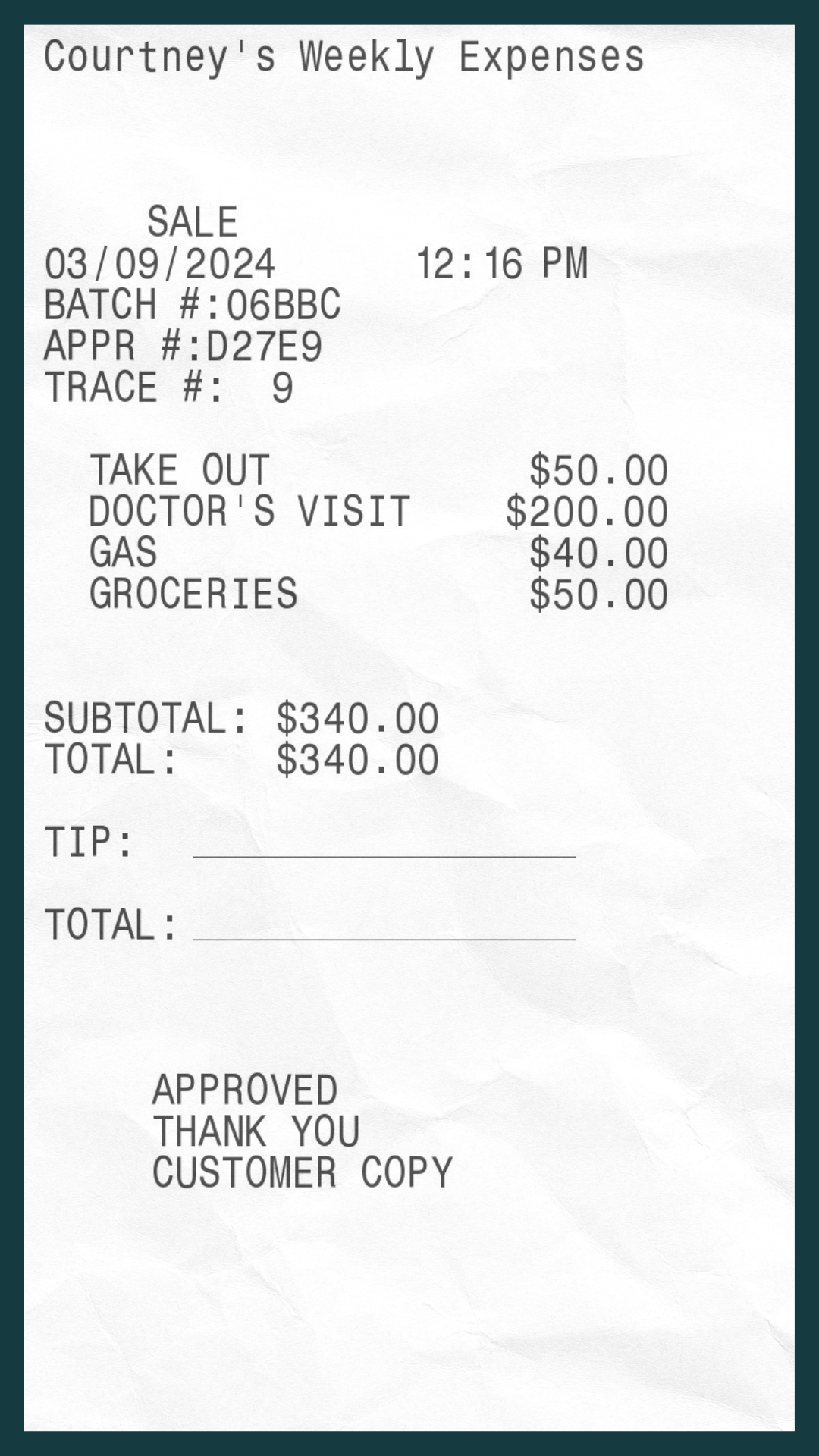 Summary of a receipt with weekly expenses including doctor&#x27;s visit and groceries, totaling $340.00