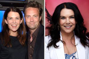 Two side-by-side photos of actress Lauren Graham, left with actor Matthew Perry, right solo, both smiling