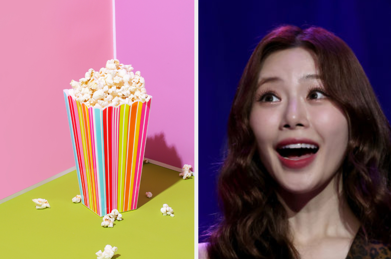 A popcorn box on the left and member of Dreamcatcher on the right looking excited.