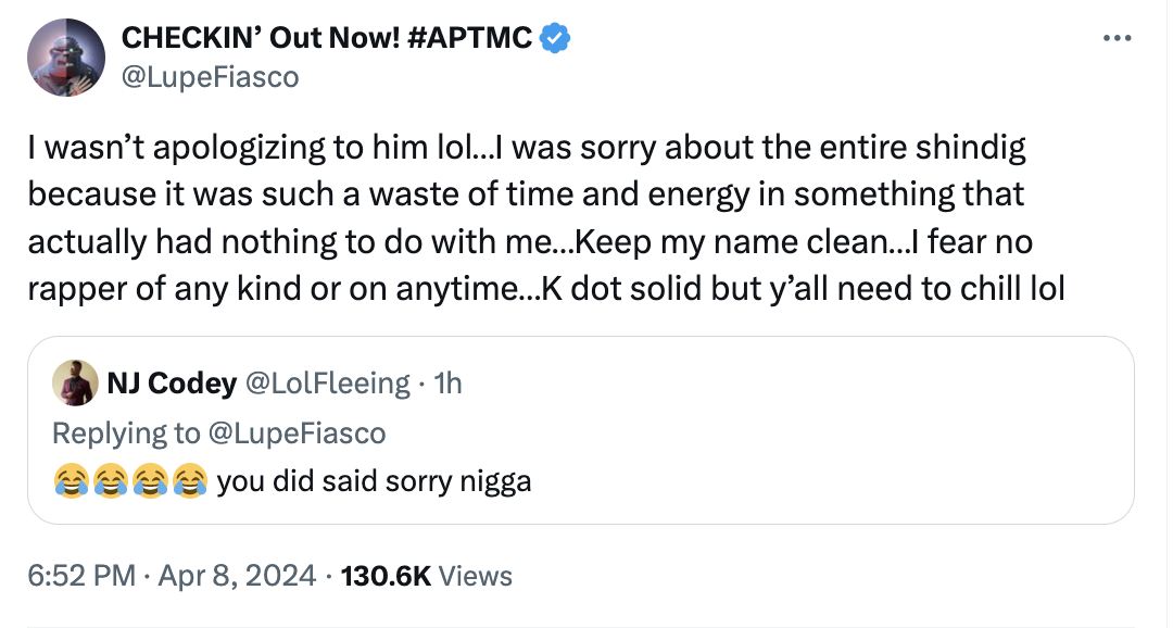 Two tweets discussing a misunderstanding, with one jokingly not accepting an apology and clarifying no fear of any rapper