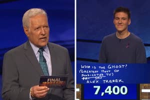 Alex Trebek on Jeopardy set with a contestant smiling during Final Jeopardy. Text clue references Alex