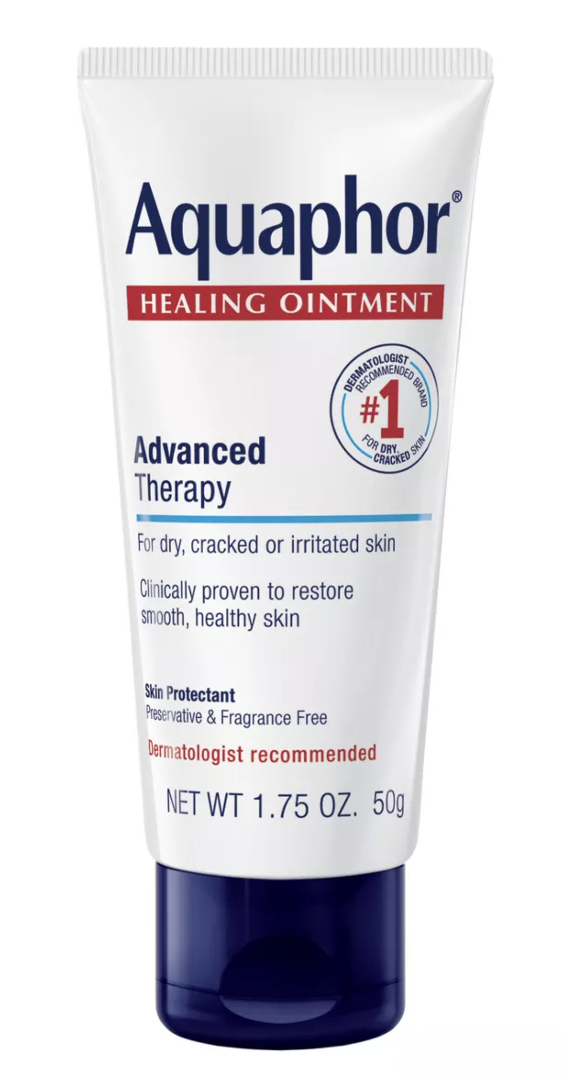 Aquaphor Healing Ointment tube, Advanced Therapy for skin. Text summarizes product benefits and size