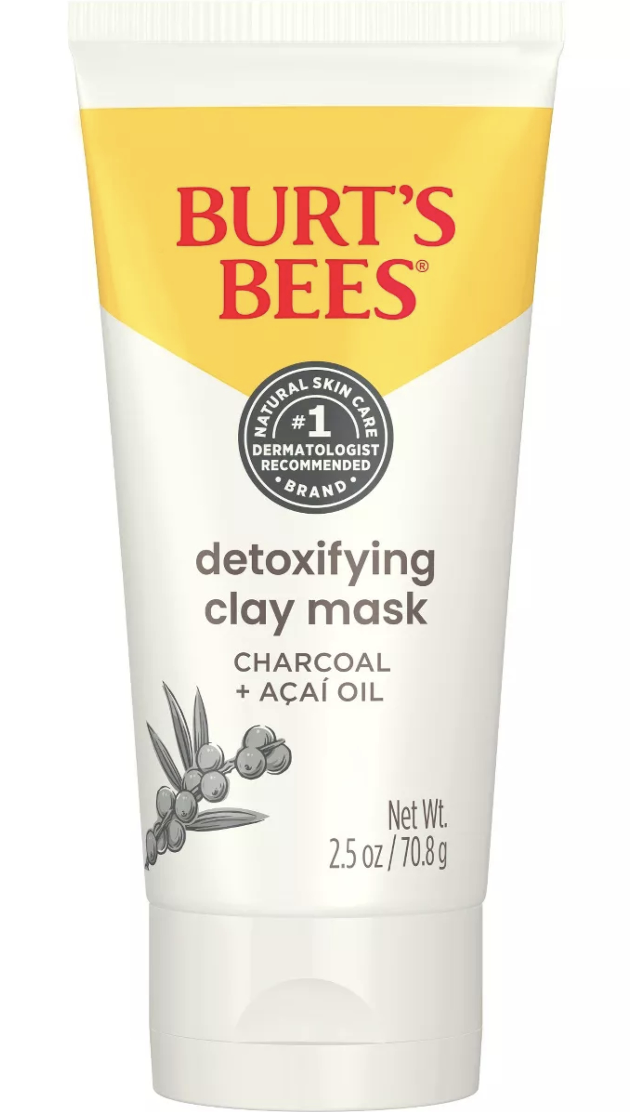 Burt&#x27;s Bees detoxifying clay mask tube with acai oil, dermatologist tested badge on top